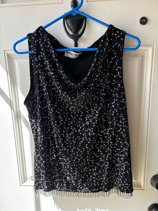 Ronni Nicole Tops - Stunning Ronni Nicole Petite Glitter Rainbow Shimmer Cowl Neck Fringe Hem XL